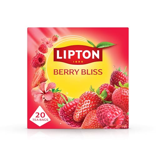 Lipton Berry Bliss Fruit Infusion Herbal Tea Bags - Raspberry Strawberry & Hibiscus 20 Plant-Based Pyramid Bags Caffeine-Free Natural Flavours.