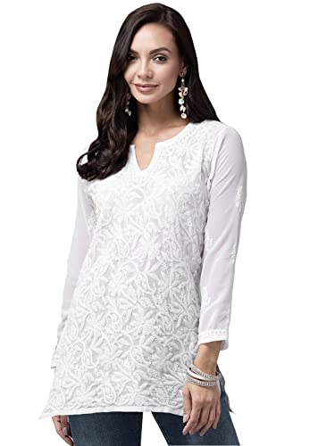 Image of Ada Women's Georgette Regular Fit Chikankari Hand Embroidered Lucknow Short Kurti Top A911224