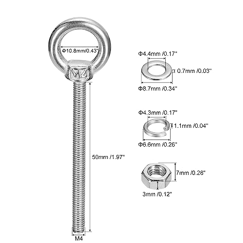 Image of uxcell Lifting Eye Bolt, 2 Sets M4x50mm Eye Bolt with Nut Washer 304 Stainless Steel Shoulder Lifting Ring Eye Bolt for Hanging Item