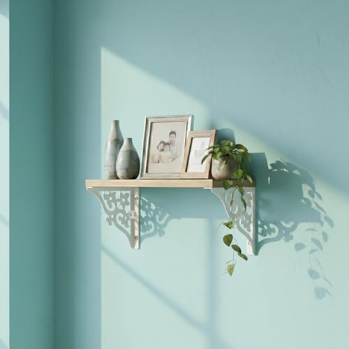 Image of Wall Shelf with Wooden Top Black|White Iron Brackets Storage Rack|Industrial Wall-Mounted Floating Shelf for Living Room,Kitchen,Bathroom (White Triple Floral Small)