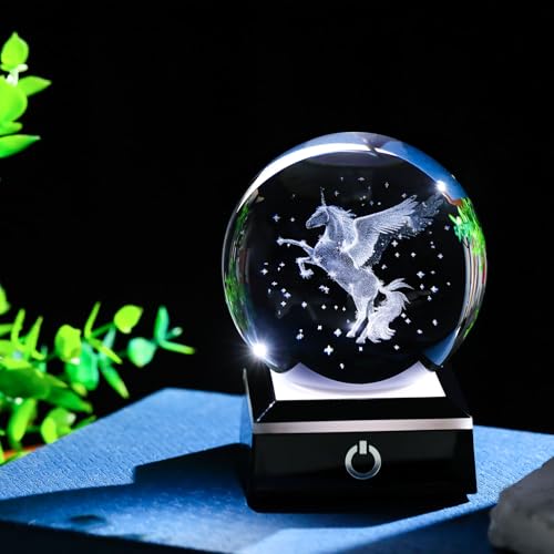 Image of 3D Unicorn Crystal Ball Snow Globe Gifts for Women, Laser Etched Unicorns Night Light Decor for Girls Bedroom for Adults or Girls