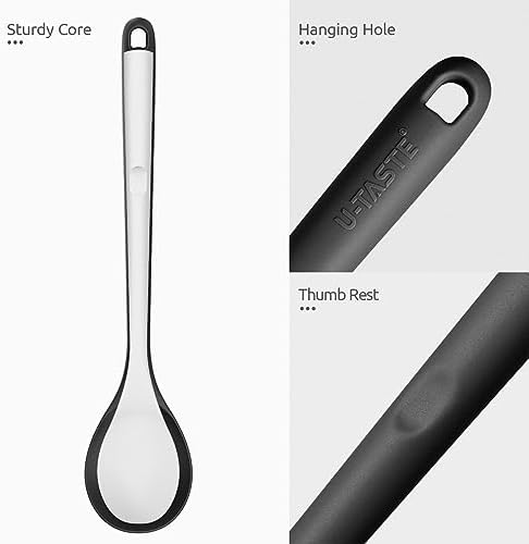 Heat Resistant Silicone Solid Spoon: U-Taste 315 Heat Proof Kitchen Cooking Spoon, Nonstick BPA Free Large Soup Rubber Utensil for Mixing Serving Stirring Basting for Pot Cookware (Black)
