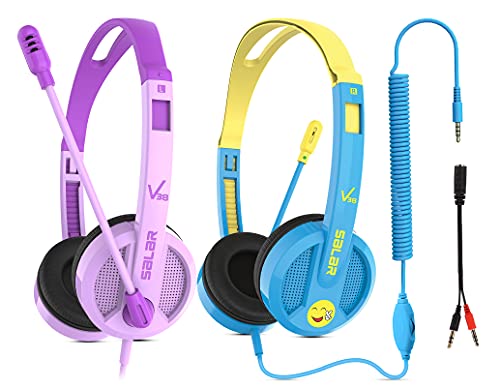 Kids Headphones with Microphone 2 Pack, Wired On Ear Headphones for Kids, Online Schooling Headsets for Boys Girls Children School Travel (PurpleBlue)