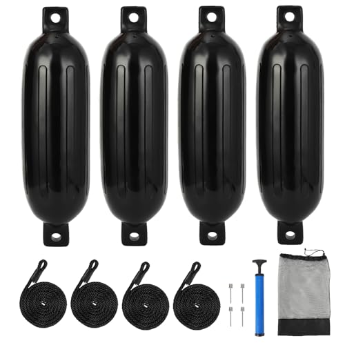 GarveeLife 4 Pack Boat Fenders,16"/20"/23"/27" Inflatable Boat Bumpers for Docking,Dock Bumpers with 4 Ropes,1 Air Pump & 1 Storage Bag,Ideal for 10-35ft Boats,Fishing Boats & Yachts (6.5x23 inch)