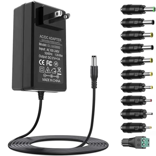 12V 3A Power Supply AC Adapter Charger with 11 Changeable DC Plug Tips AC120V to DC 12Volts 3A 2.5A...