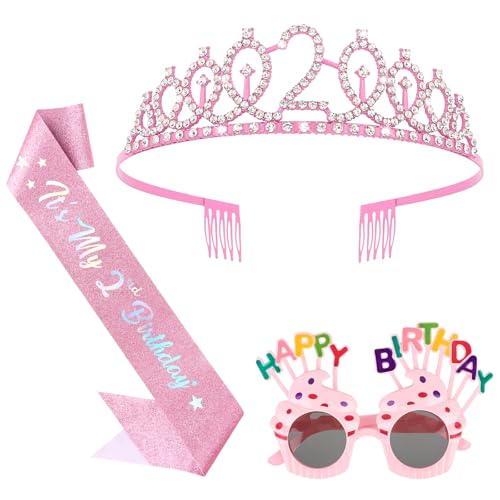 YARIEW 2nd Birthday Decorations 2nd Glitter Sash and Crown Kit with Happy Birthday Sunglasses, Tiara Princess Crown and Sash Party Outfit Accessory
