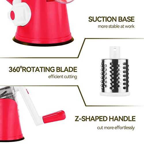 Edefisy Rotary Cheese Grater - 3-In-1 Stainless Steel Manual Drum Slicer, Rotary Graters For Kitchen, Food Shredder For Vegatables, Nuts And Chocolate (Red) #TOP4