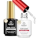 Beetles 2Pcs 15ml HEMA-Free Nail Glue Gel and No Wipe Top Coat Set, Super Strong for Gel Nail Polish Press-On Nail Extension, Shine Effect Long Lasting Soak Off Uv Light DIY Home Gift for Women
