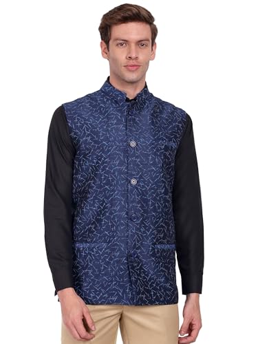 SKAVIJ Men's Indian Dupion Silk Printed Nehru Jacket Waistcoat Blue_S