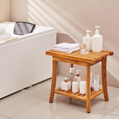 VEVOR Duschbank aus Teakholz, 50,8 x 36,6 x 45,6 cm, wasserdichter Duschhocker aus Holz mit Ablagefläche und rutschfesten Fußpolstern, maximale Tragkraft 180 kg