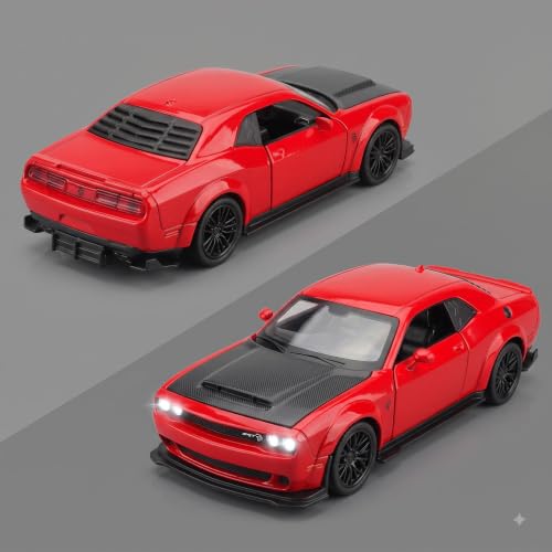 Image of 1:32 Scale Dodge Challenger Hellcat Die-Cast Metal Car Toy with Light & Sound, Pull-Back Action & Openable Doors