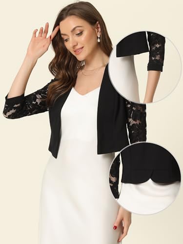 Allegra K Lace Shrug for Women 3/4 Sleeve Open Front Work Office Cropped Sheer Cardigan Formal Bolero Jackets2