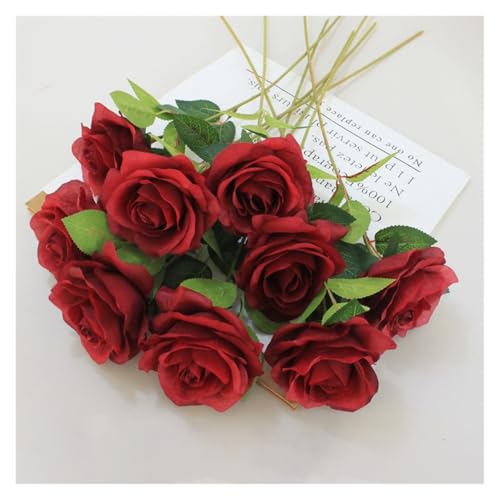 AOEGBY Flor Artificial 10PCS Artificial Silk Flowers Roses Bouquet Long Stem Fake Roses Bouquet for Valentine's Day Mother Day Wedding Home Decoration Paniculata Artificial(Burgundy)
