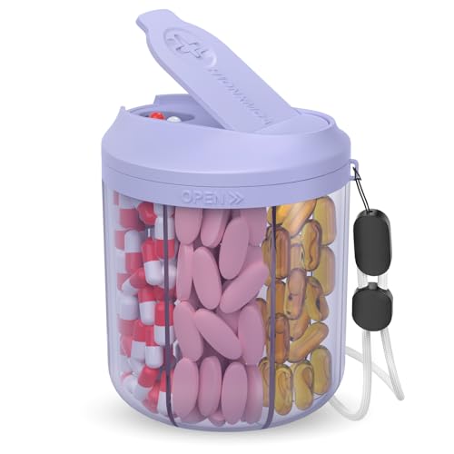 HIONXMGA - Pilulier avec 7 grands compartiments, organiseur de pilules pour voyage, organisateur de suppléments avec design anti-mélange, pilulier sans BPA avec 20 étiquettes, violet