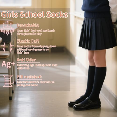 Girls Knee High Socks Solid black Long School Uniform Soft Seamless Toe Cotton Dress Socks for Girl 6-8 Years4