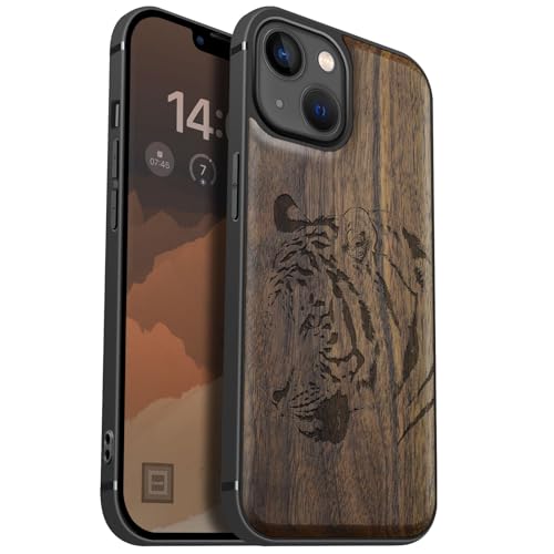 Coque iPhone 13 Magsafe antichoc étui magnétique bois noyer Carveit tigre