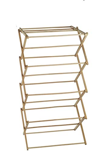 HOMION Bamboo Wooden Traditional Wooden Folding Clothes Airer Concertina Design Foldable Free Standing (4 TIER)