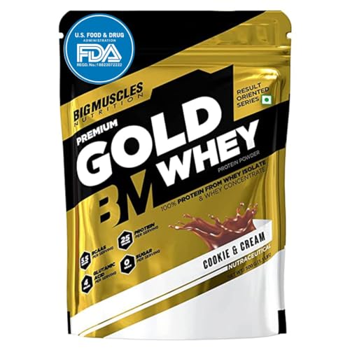 Image of Bigmuscles Nutrition Premium Gold Whey 500g Whey Protein Isolate Blend | USA FDA REGD. BRAND| 25g Protein Per Serving [Cookie & Cream]