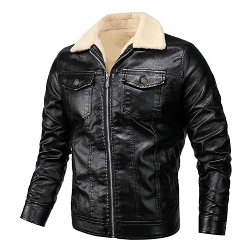 Men Sherpa Lined Faux Leather Jacket Winter Fleece Lapel Motorcycle Coat Vintage Fur Collar Jacket Leather Jacket (Black,X-Large)