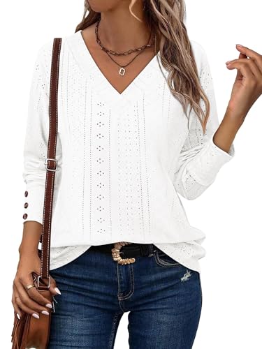 KISSMODA Long Sleeve Fall Shirts For Women V Neck Tunic Tops Embroidered Button Down Knitted Blouses 2025
