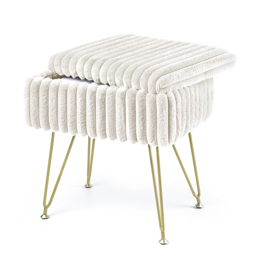 ABHENG Sillón Multifuncional Rectangular para Maquillaje con Espacio de Almacenamiento, Taburete de Terciopelo y Descanso de pies, 40 x 25.5 x 43.5 cm, Blanco Crema, ASND53W