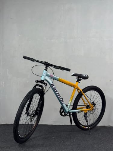 Image of Single Speed 26T Mountain Bicycle for Adults (18 Inch Steel Frame, Dual Disc Brakes, Alloy Rims, 26x2.40 Wide Tyres, Front Suspension, Mudguards & Side Stand, Unisex City & Trail MTB, Orange /Blue)