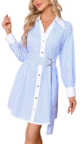 Image of YEXPINE Womens Striped Shirt Dress Long Sleeve Button Down V Neck Mini Tunic Dress Belted Workwear Dresses with Pockets