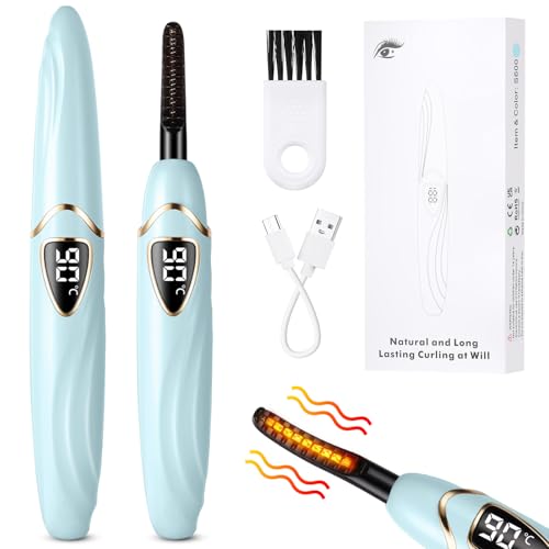 LOPHE Rizador de Pestañas Termico, Heated Eyelash Curler, Rizador Pestañas Calentado Portátil, Rizador de Pestañas Electrico, Cepillo de Pestañas Térmico Profesional con Pantalla LED (Azul Claro)