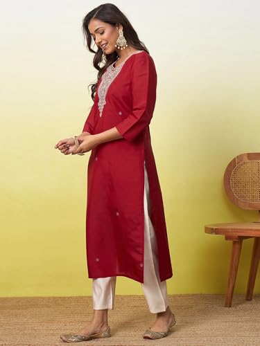 Image of Women's Silk Blend Embroidery Straight Kurta | Ethnic Kurtas for Women | Kurtis for Women Festive, Casual Office Wear Ethnic Kurta for Women