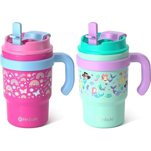 Fimibuke 16oz Kids Insulated Tumbler with Handle & Straws - 2 Pack BPA FREE 18/8 Stainless Steel Toddler Cups with Sip/Swig 2-in-1 Lids, Leak Proof Kid Drinking Cup Travel Mugs for Children Boys Girls Cover