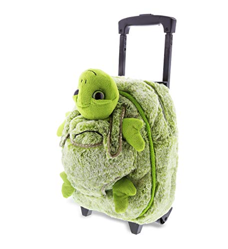 DolliBu Sea Turtle Plush Trolley & Purse Set - 3-in-1 Kids Trolley, Backpack, & Green Turtle Purse, Soft Plush Backpack on Wheels, School Rolling Bag, Travel Luggage with Removable Plush Toy - 15