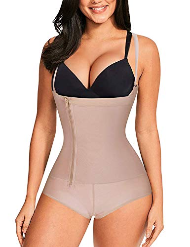 Bafully Women Latex Waist Trainer Bodysuit Slim Full Body Zipper Shapewear Open Bust Corset (Beige, M)
