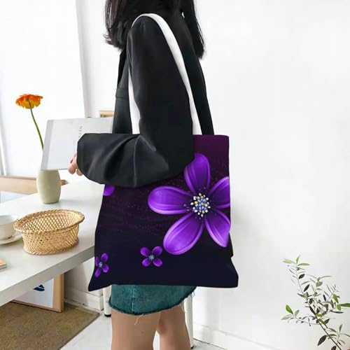Canvas Tote Bag for Women Shoulder Tote Purse Reusable Grocery Bag purple flower Aesthetic Shopping Bags 6