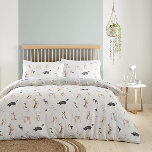 Fusion Hunde-Bettbezug, Einzelbettgröße (140 x 200 cm), wendbares Design (Beige und Enteneiblau), Pfotenabdruck-Bettbezug, Hunde-Aufdruck, Shih Tzu, Französischer Stier und Pudel