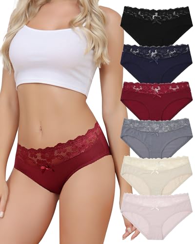 6 Pack Cotton Bikini Womens Underwear Hipster Lace Panties Soft Stretch Breathable Low Rise S-XL