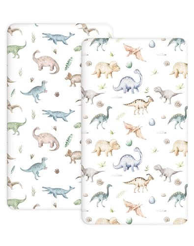 Image of Pack and Play Sheets 2 Pack, Fitted Jersey Knit Mini Crib Sheets for Baby Boys and Girls, Compatible with Graco Pack N Play and Mini Crib Mattress (Dino Pals, Pack N Play /Mini Crib Sheets)