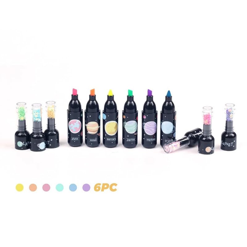 Image of YBN 6Pcs Space Theme Dual Tip Marker Highlighter Fluorescent Pens (Planet Bottle Shape), Assorted