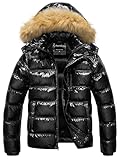 Pursky Men's Puffer Jacket Men Winter Warm Parka Anorak Coat with Detachable Hood Faux-Fur Trim Shiny Black 3XL