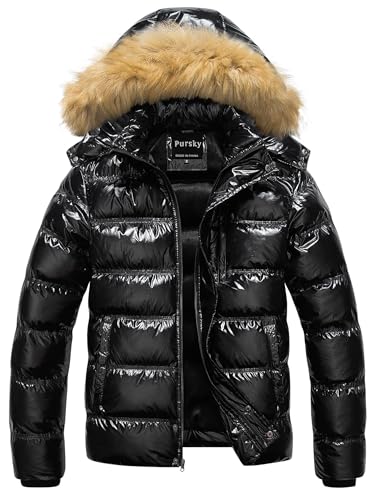 Pursky Mens Jacket with Fur Hood Men Puffer Men's Heavyweight Hooded Coat Shiny Black 2XL