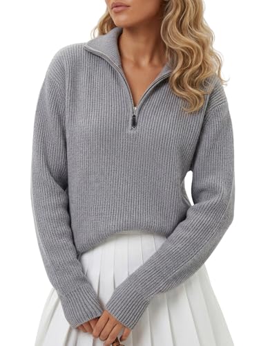Image of LYANER Women's Quarter Zip Pullover Sweater Casual V Neck Collared Knit Fall Winter Outfit Clothes