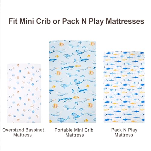Image of david's kids 3 Pack Mini Crib Sheets, Soft Breathable Premium Pack N Play Sheets for Baby Boys Girls Neutral, Playard and Mini Crib Mattresses, Whale