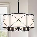 19'' Farmhouse Drum Chandelier for Dining Room 5-Light Black Modern Pendant Light White Fabric Retro Height Adjustable Lighting Fixture for Bedroom Office