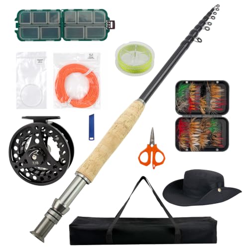 Telescopic Fly Fishing Rod and Reel Combo Kit 10FT 7/8WT Carbon Fiber Fly Rod Aluminum Reel 11-Piece Fly Fishing Set with Fly Line Backing Leader Fly Box Hat Carrying Bag