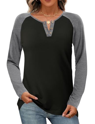 IECCP Long Sleeve Shirts for Women Casual Henley Tops Loose Fit Tshirt Dressy Color Block V Neck Button Womens Tunic Blouse