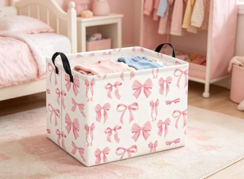Image of Rectangular Baby Kids Storage Basket for Home Kitchen Girls Cute Toy Storage Bin Organizer Shelf Book Room Decor(Silk Bowknot)