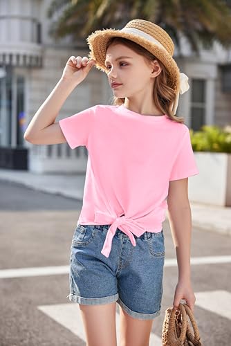 Image of Arshiner Girls Short Sleeve Shirts Tie Knot Front Tops T Shirts for Kids Crewneck Cute Casual Tie Dye Tee Blouse