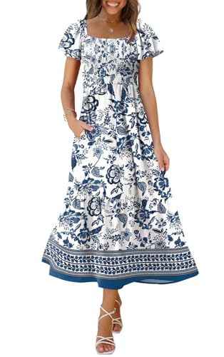 OFEEFAN Summer Dresses for Women Square Neck Ruffle Sleeve Smocked Maxi Dress with Pockets
