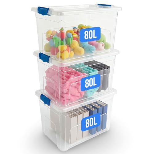 KAPCO Stackable Plastic Storage Boxes 3 x 80L with Clip Lock Lids | Large Clear Containers for Garage Kitchen Home Loft & Office | Durable Modular Bins for Moving Organising | BPA Free 80 Litre