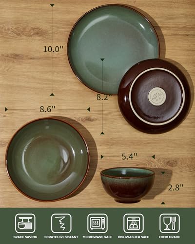 Image of Pokini 24 Piece Double Bowl Dinnerware Sets with Pasta Bowls, Highly Chip and Crack Resistant Plates and Bowls Sets, Natural Earthyware Ceramic Dishware Sets, Service for 6 Brown Green