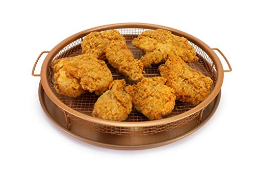 EaZy MealZ Crisping Basket & Pizza Pan 12” | Air Fry Crisper | Tray & Grease Catcher | Even Cooking | Non-Stick | (Basket + Pizza Pan + Oven Mitts)